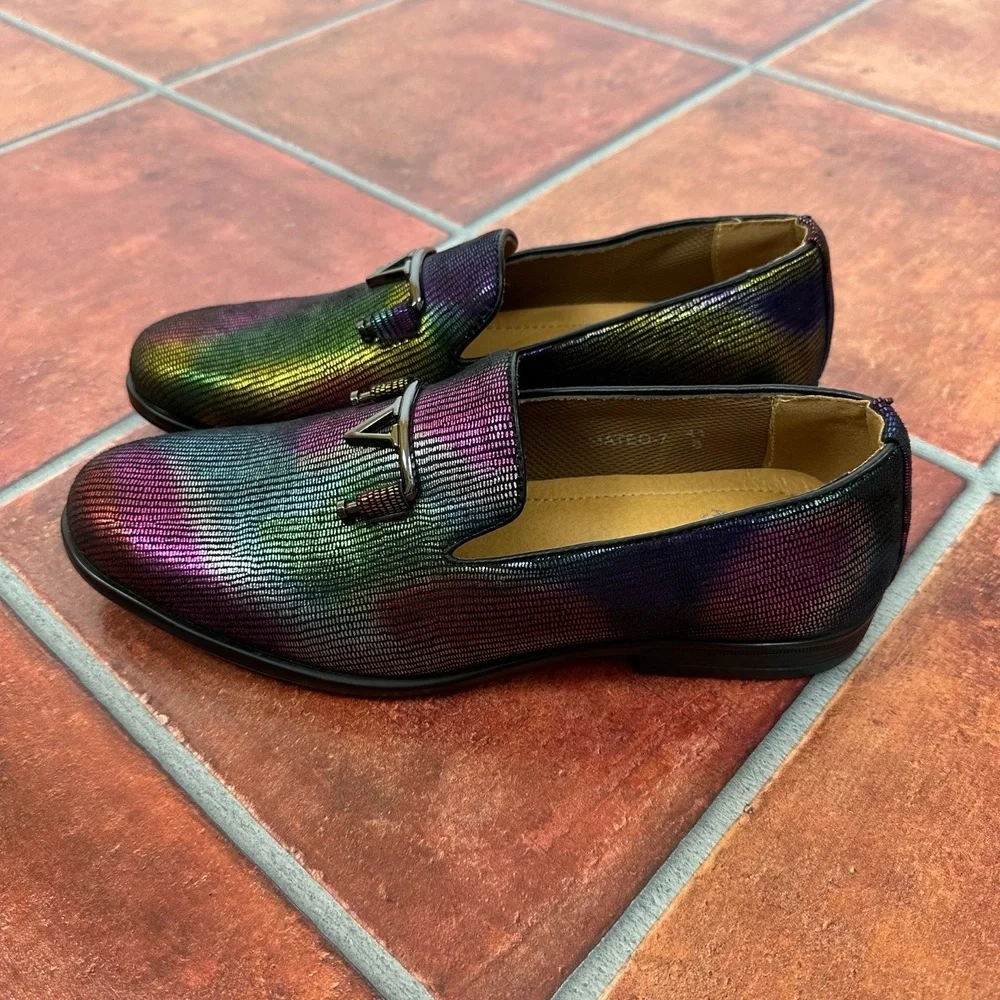 Unique Adolfo Multicolor Textured Metallic Emblem Mens Loafers Size 8